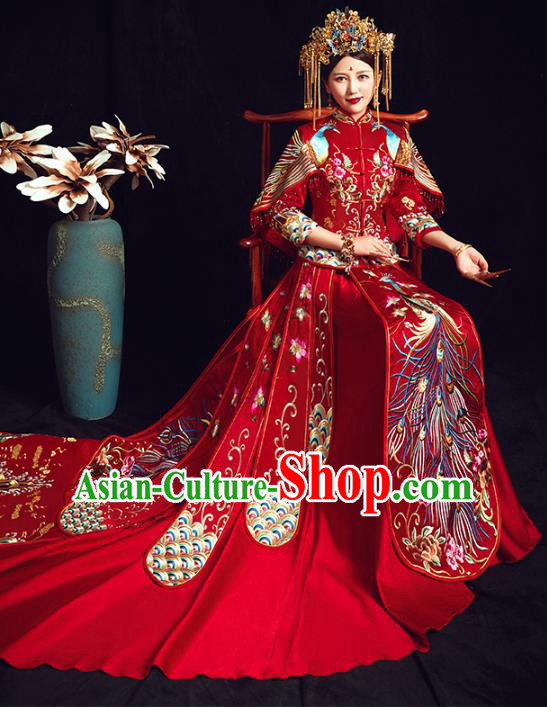 Chinese Traditional Bride Embroidered Phoenix Peony Red Xiuhe Suits Wedding Dress Ancient Costume for Women