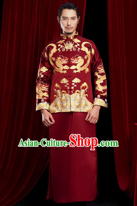 Chinese Traditional Embroidered Dark Red Mandarin Jacket and Robe Wedding Tang Suit Ancient Bridegroom Costume for Men
