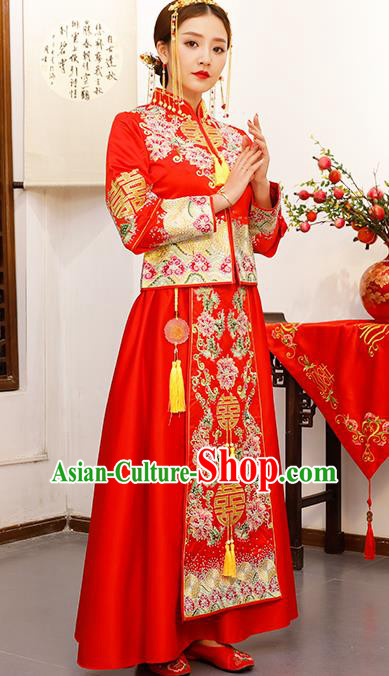 Chinese Embroidered Peony Longfeng Flown Wedding Xiuhe Suits Traditional Bride Dress Ancient Costume for Women