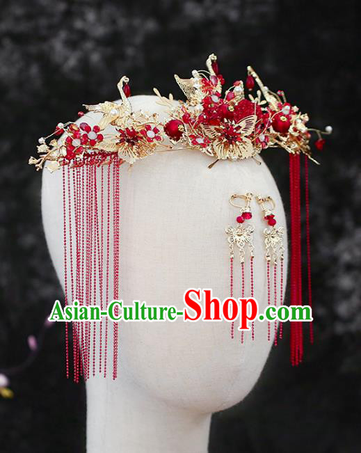 Chinese Traditional Wedding Red Tassel Crane Phoenix Coronet Hair Accessories for Women