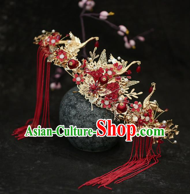 Chinese Traditional Wedding Red Tassel Crane Phoenix Coronet Hair Accessories for Women