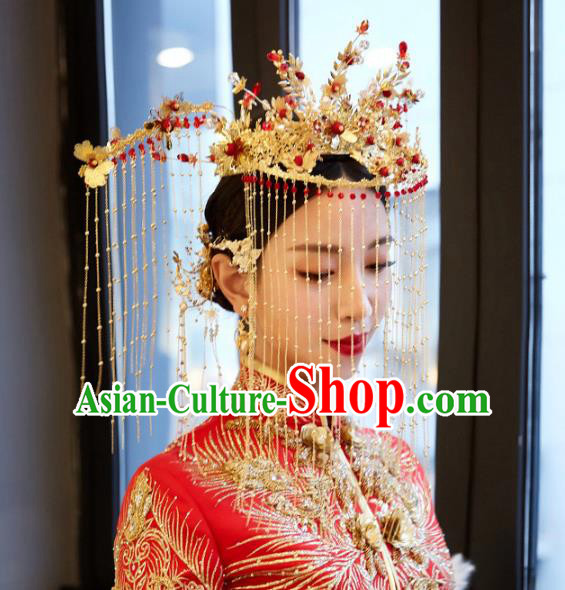 Chinese Traditional Wedding Golden Phoenix Coronet Tassel Hairpins Hair Accessories for Women