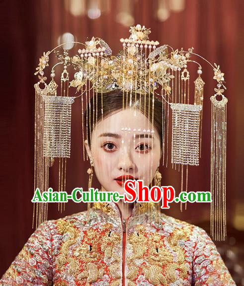 Chinese Traditional Wedding Bride Golden Phoenix Coronet Tassel Hairpins Hair Accessories for Women