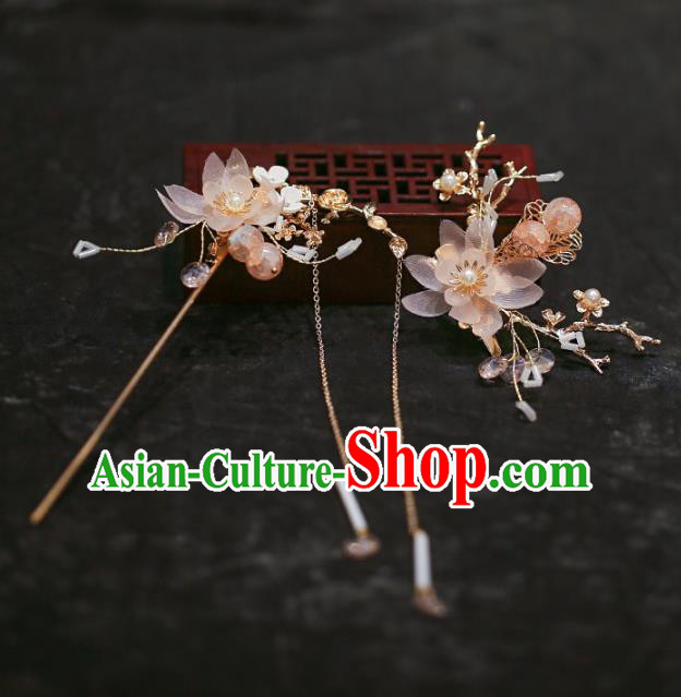 Chinese Traditional Hanfu Pink Flowers Tassel Hairpin Ancient Hair Accessories for Women