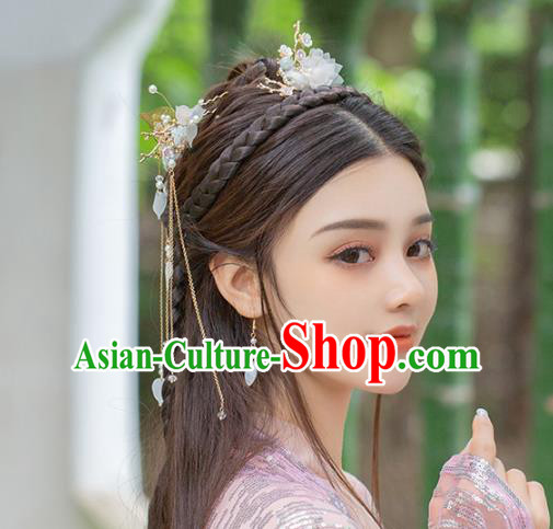 Chinese Traditional Hanfu White Flowers Hair Comb and Tassel Hairpin Ancient Hair Accessories for Women