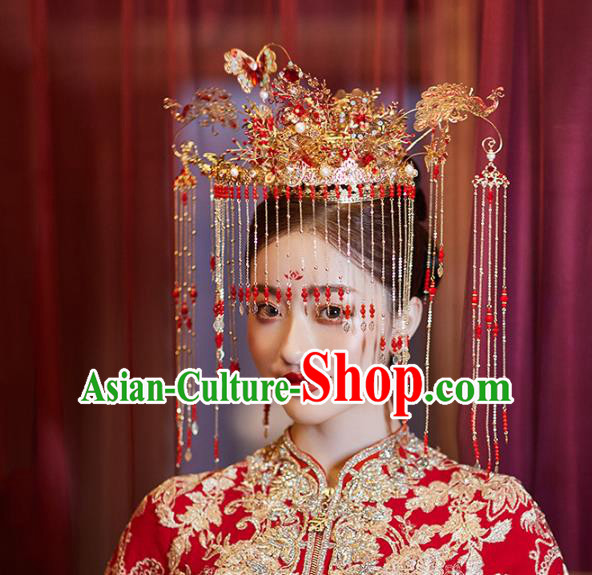 Chinese Traditional Wedding Bride Red Peacock Phoenix Coronet Tassel Hairpins Hair Accessories for Women