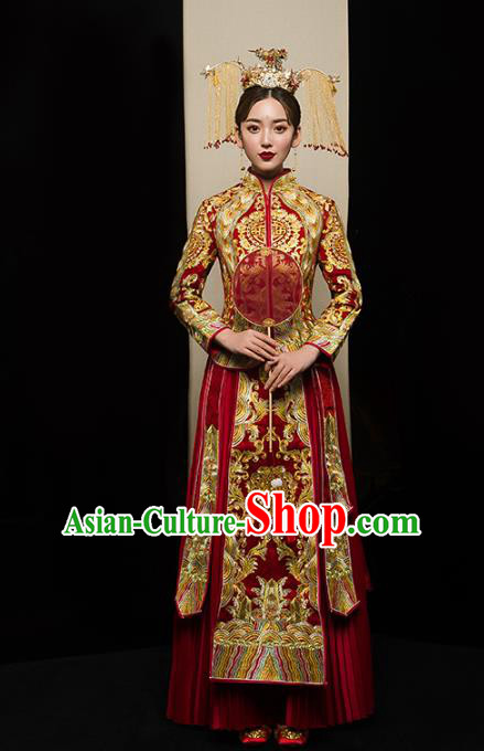 Chinese Traditional Golden Embroidered Xiuhe Suits Wedding Dress Ancient Bride Costume for Women
