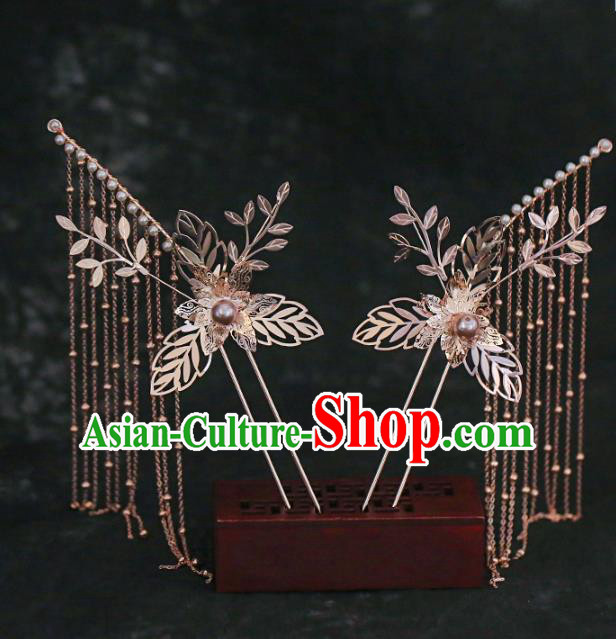 Chinese Traditional Wedding Bride Golden Hair Claws and Tassel Hairpins Hair Accessories for Women