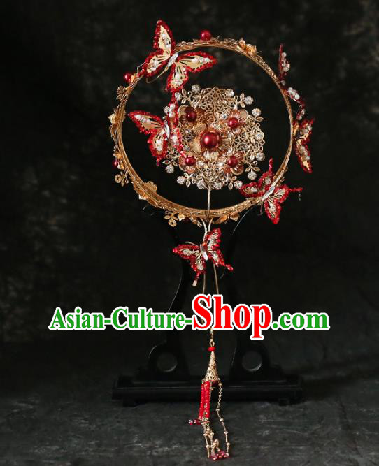 Chinese Traditional Red Butterfly Palace Fans Handmade Classical Hanfu Wedding Fan for Women