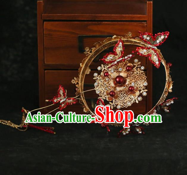 Chinese Traditional Red Butterfly Palace Fans Handmade Classical Hanfu Wedding Fan for Women