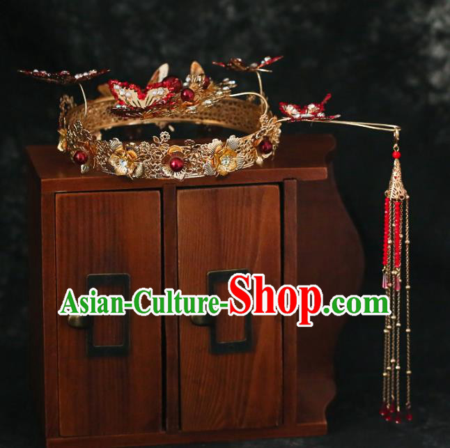 Chinese Traditional Red Butterfly Palace Fans Handmade Classical Hanfu Wedding Fan for Women
