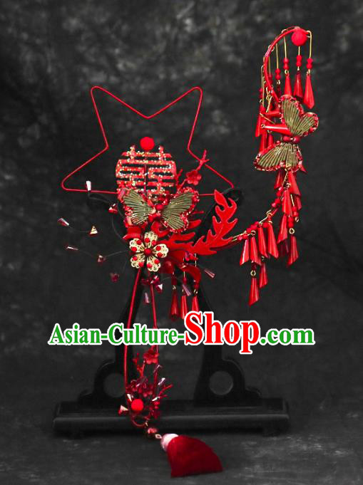 Chinese Traditional Red Tassel Palace Fans Handmade Classical Hanfu Wedding Fan for Women