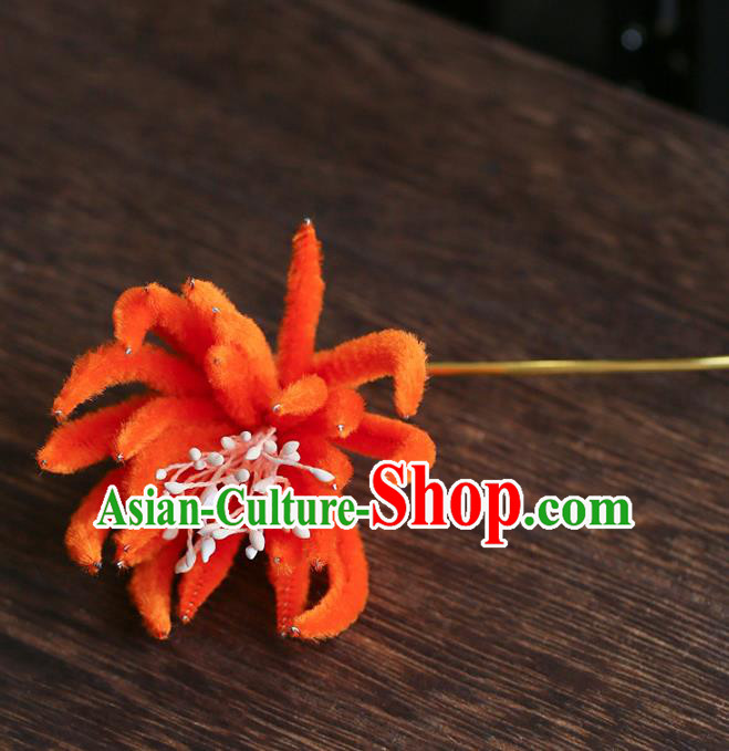 Chinese Traditional Hanfu Orange Velvet Chrysanthemum Hairpins Ancient Qing Dynasty Hair Accessories for Women