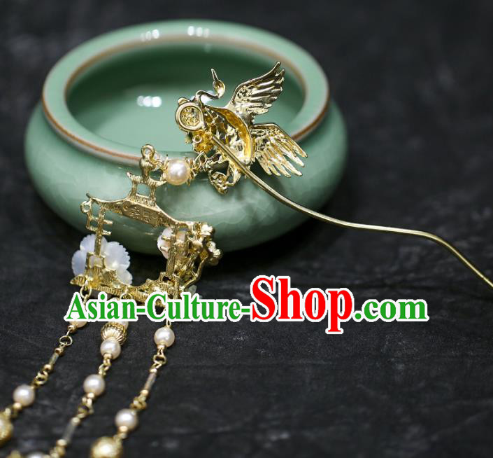 Chinese Traditional Hanfu Golden Crane Tassel Hairpin Ancient Hair Accessories for Women