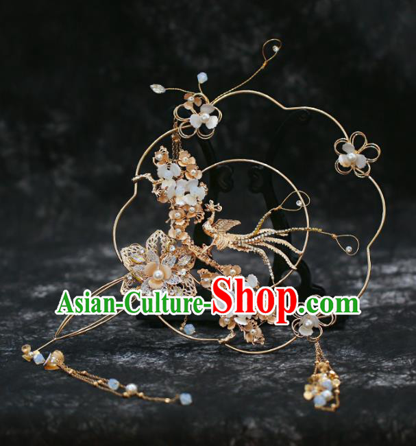 Chinese Traditional Golden Phoenix Palace Fans Handmade Classical Hanfu Wedding Fan for Women