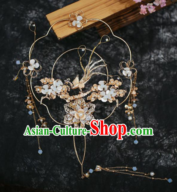Chinese Traditional Golden Phoenix Palace Fans Handmade Classical Hanfu Wedding Fan for Women