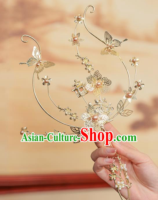 Chinese Traditional Golden Butterfly Palace Fans Handmade Classical Hanfu Wedding Fan for Women