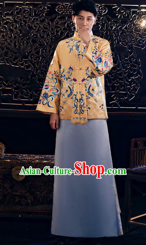 Chinese Traditional Embroidered Golden Mandarin Jacket and Robe Wedding Tang Suit Ancient Bridegroom Costume for Men