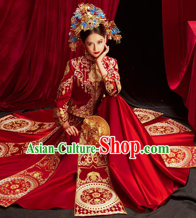 Chinese Traditional Bride Embroidered Red Xiuhe Suits Wedding Dress Ancient Costume for Women