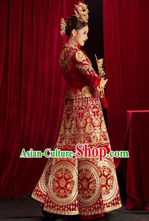 Chinese Traditional Bride Embroidered Red Xiuhe Suits Wedding Dress Ancient Costume for Women