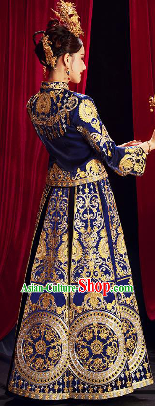 Chinese Traditional Bride Embroidered Royalblue Xiuhe Suits Wedding Dress Ancient Costume for Women