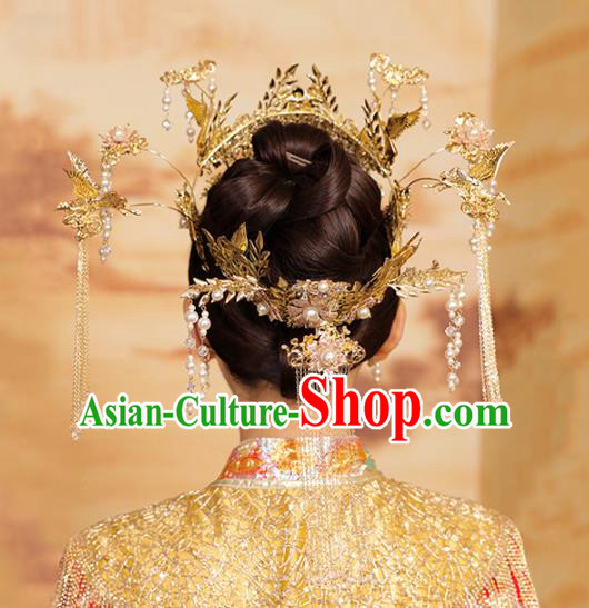 Chinese Traditional Wedding Pearls Tassel Golden Phoenix Coronet Hair Accessories for Women