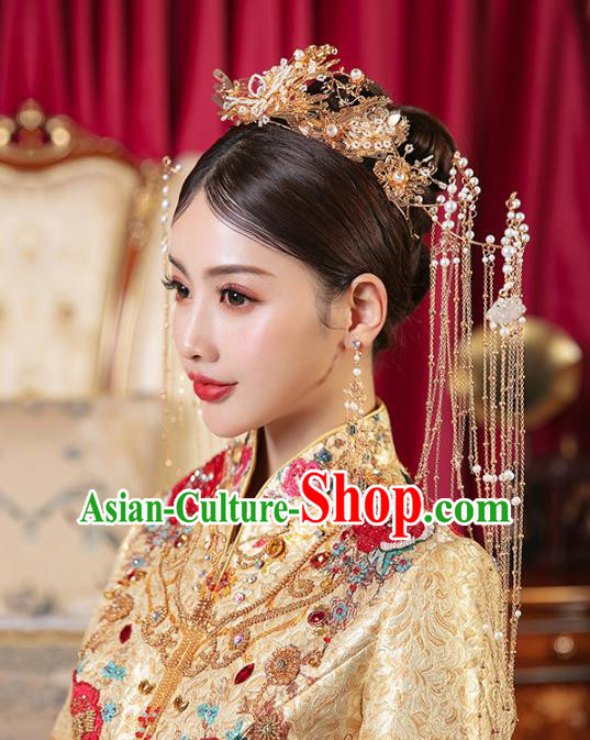 Chinese Traditional Wedding Golden Tassel Phoenix Coronet Hair Accessories for Women