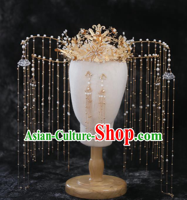 Chinese Traditional Wedding Golden Tassel Phoenix Coronet Hair Accessories for Women