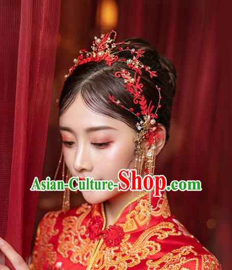 Chinese Traditional Hanfu Red Glass Hairpins and Hair Claws Hair Accessories Complete Set for Women