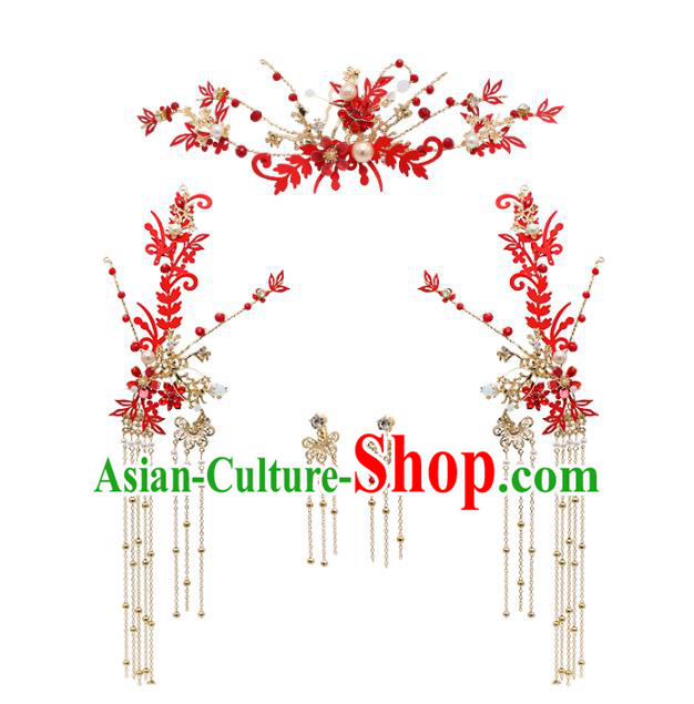 Chinese Traditional Hanfu Red Glass Hairpins and Hair Claws Hair Accessories Complete Set for Women