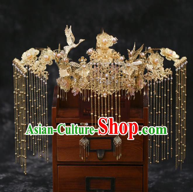 Chinese Traditional Wedding Golden Crane Tassel Phoenix Coronet Hair Accessories for Women