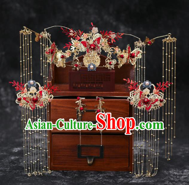 Chinese Traditional Wedding Red Butterfly Phoenix Coronet and Hairpins Hair Accessories for Women
