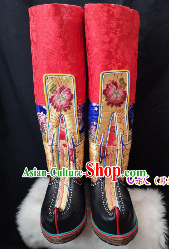 Handmade Chinese Zang Nationality Leather Boots Traditional Tibetan Ethnic Shoes for Men