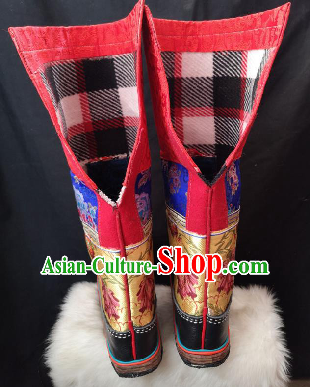 Handmade Chinese Zang Nationality Leather Boots Traditional Tibetan Ethnic Shoes for Men