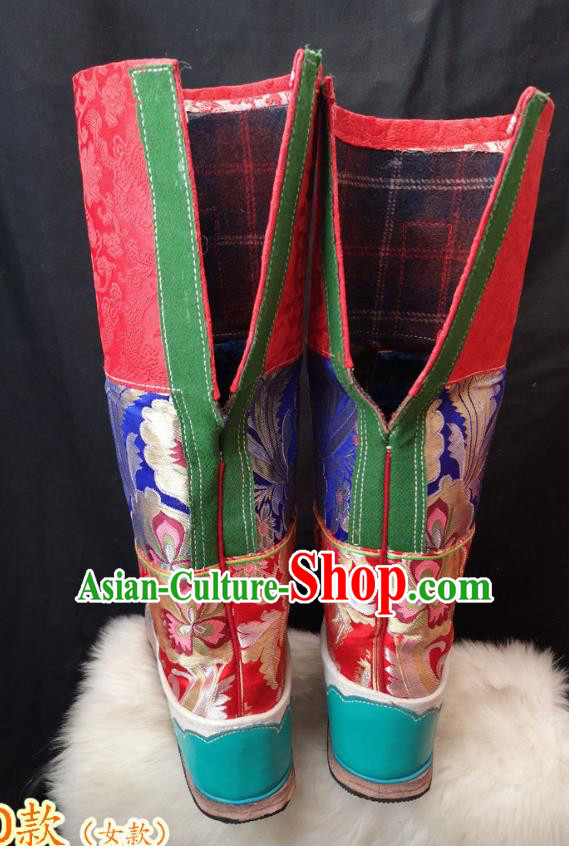 Handmade Chinese Zang Nationality Green Leather Boots Traditional Tibetan Ethnic Shoes for Women