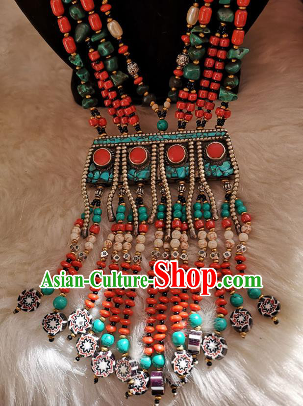 Chinese Zang Nationality Copper Colorful Beads Necklace Handmade Traditional Tibetan Ethnic Jewelry Accessories for Women