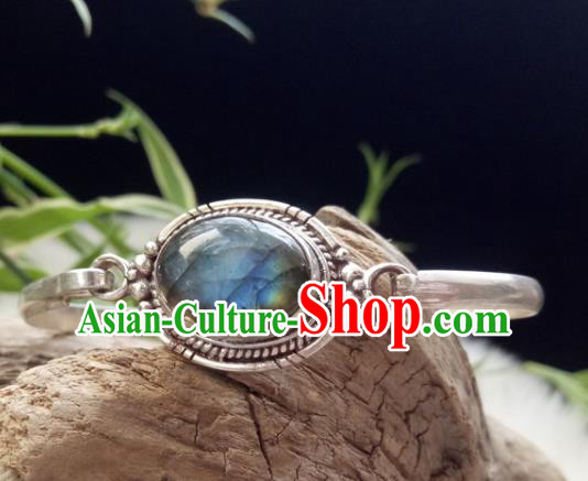 Chinese Zang Nationality  Silver Blue Moonstone Bracelet Handmade Traditional Tibetan Ethnic Jewelry Accessories for Women