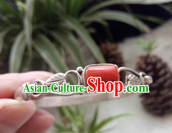 Chinese Zang Nationality  Silver Coral Bracelet Handmade Traditional Tibetan Ethnic Jewelry Accessories for Women