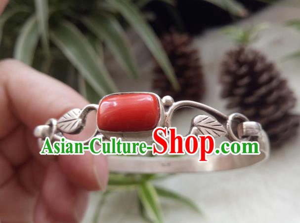 Chinese Zang Nationality  Silver Coral Bracelet Handmade Traditional Tibetan Ethnic Jewelry Accessories for Women