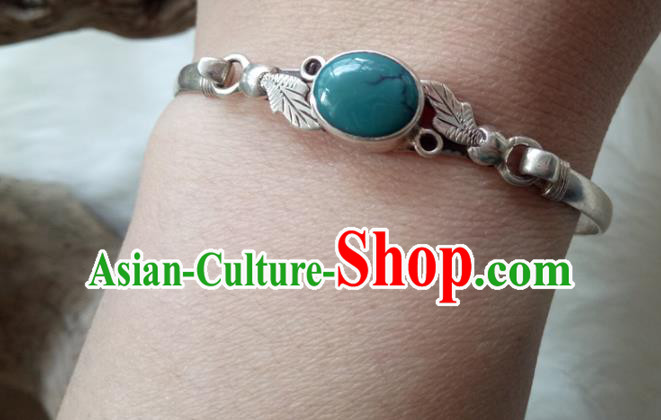 Chinese Zang Nationality  Silver Kallaite Bracelet Handmade Traditional Tibetan Ethnic Jewelry Accessories for Women