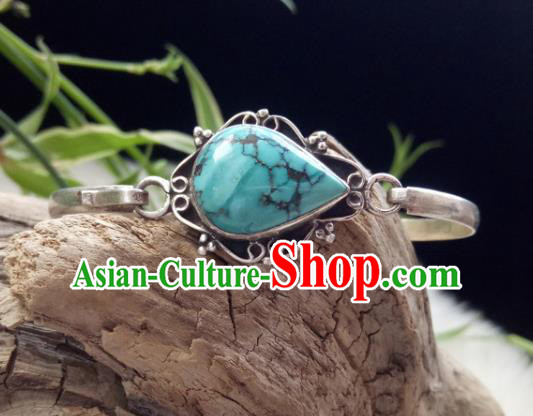 Chinese Zang Nationality Kallaite  Silver Bracelet Handmade Traditional Tibetan Ethnic Jewelry Accessories for Women