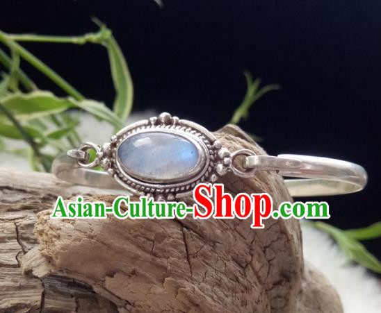 Chinese Zang Nationality Moonstone Silver Bracelet Handmade Traditional Tibetan Ethnic Jewelry Accessories for Women