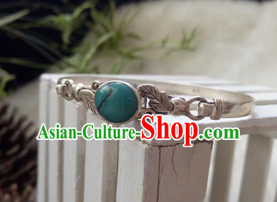 Chinese Zang Nationality Carving Silver Kallaite Bracelet Handmade Traditional Tibetan Ethnic Jewelry Accessories for Women