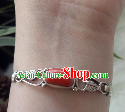 Chinese Zang Nationality Coral Carving Silver Leaf Bracelet Handmade Traditional Tibetan Ethnic Jewelry Accessories for Women