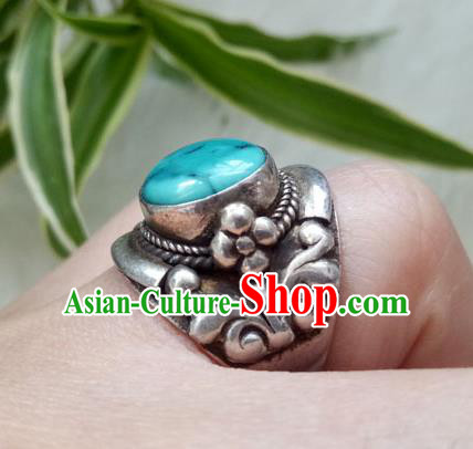 Chinese Zang Nationality Silver Kallaite Rings Handmade Traditional Tibetan Ethnic Jewelry Accessories for Women