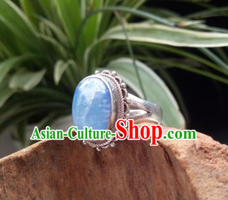 Chinese Zang Nationality Blue Moonstone Rings Handmade Traditional Tibetan Ethnic Jewelry Accessories for Women