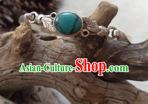 Chinese Zang Nationality Kallaite Carving Silver Leaf Bracelet Handmade Traditional Tibetan Ethnic Jewelry Accessories for Women