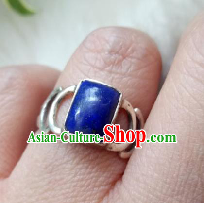 Chinese Zang Nationality Lapis Lazuli Silver Rings Handmade Traditional Tibetan Ethnic Jewelry Accessories for Women