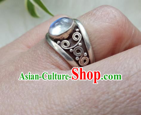 Chinese Zang Nationality Silver Moonstone Rings Handmade Traditional Tibetan Ethnic Jewelry Accessories for Women