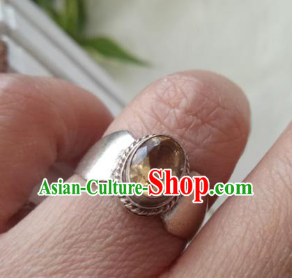 Chinese Zang Nationality Silver Citrine Rings Handmade Traditional Tibetan Ethnic Jewelry Accessories for Women